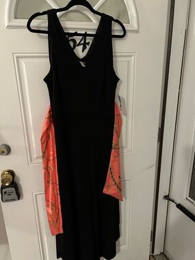 Robbie Bee Black Jumpsuit with Coral & Gold Side Panels. Large S3